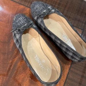 Chanel fabric plaid flat with grey fabric toe
